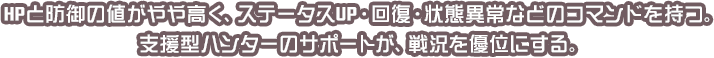 HPと防御の値がやや高く、ステータスUP・回復・状態異常などのコマンドを持つ。支援型ハンターのサポートが、戦況を優位にする。