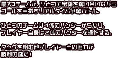 １つの宝箱を巡って、最大3チームが、ひとつの宝箱を奪いながらゴールを目指すリアルタイム争奪バトル。ひとつのチームは４体のハンターからなり、プレイヤー自信は２体のハンターを操作する。タッグを組む他プレイヤーとの協力が勝利の鍵だ！